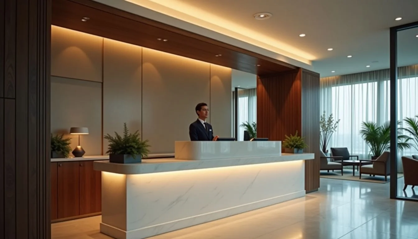 The stylish hotel reception desk exudes luxury and comfort. The stylish hotel reception desk exudes luxury and comfort.