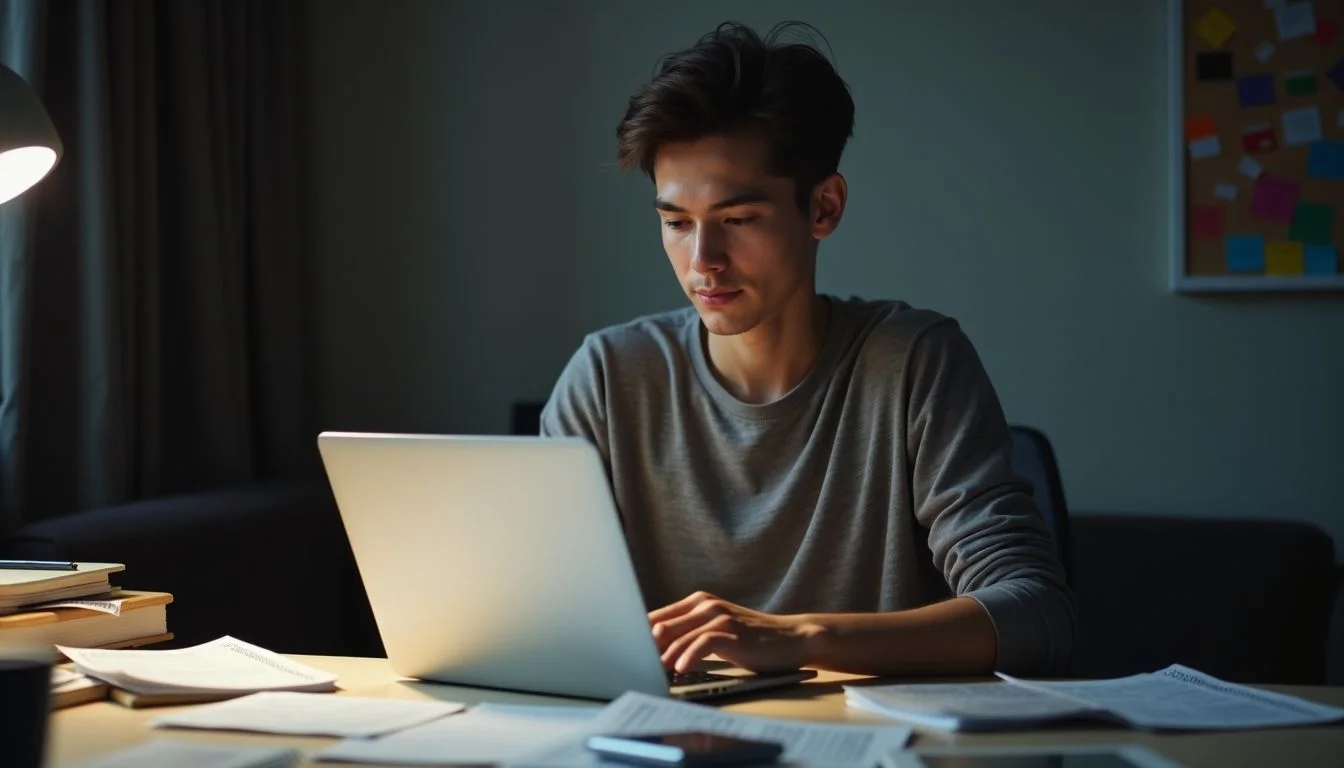 A person updates their CV at a cluttered desk for job interviews. A person updates their CV at a cluttered desk for job interviews.
