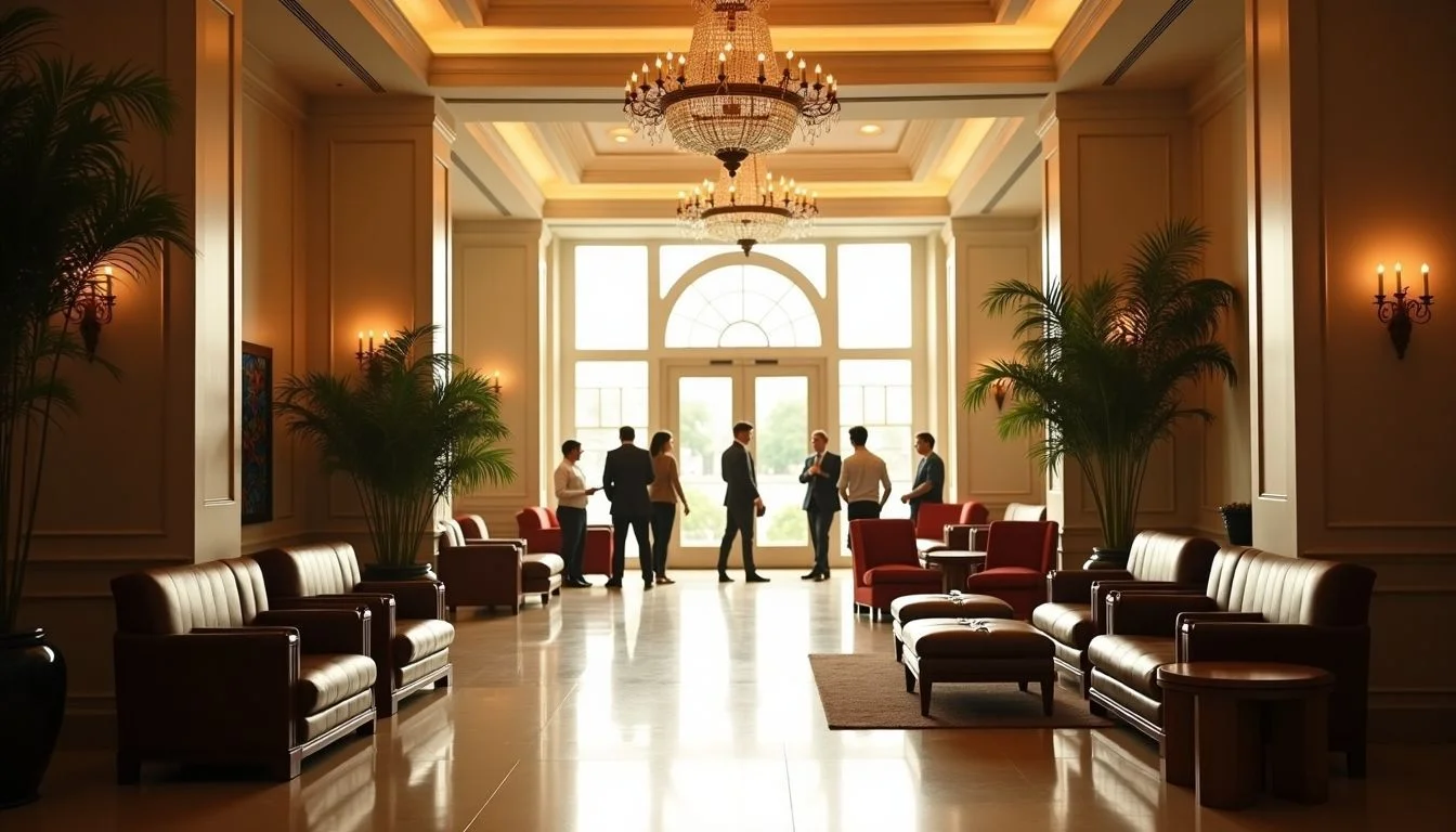 A busy, elegant hotel lobby with modern-classic furniture and warm ambiance. A busy, elegant hotel lobby with modern-classic furniture and warm ambiance.