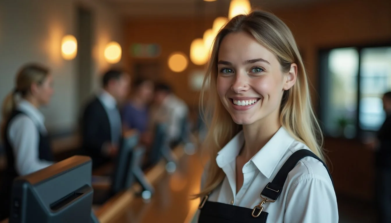 A young woman working as a hotel receptionist welcoming guests. A young woman working as a hotel receptionist welcoming guests.