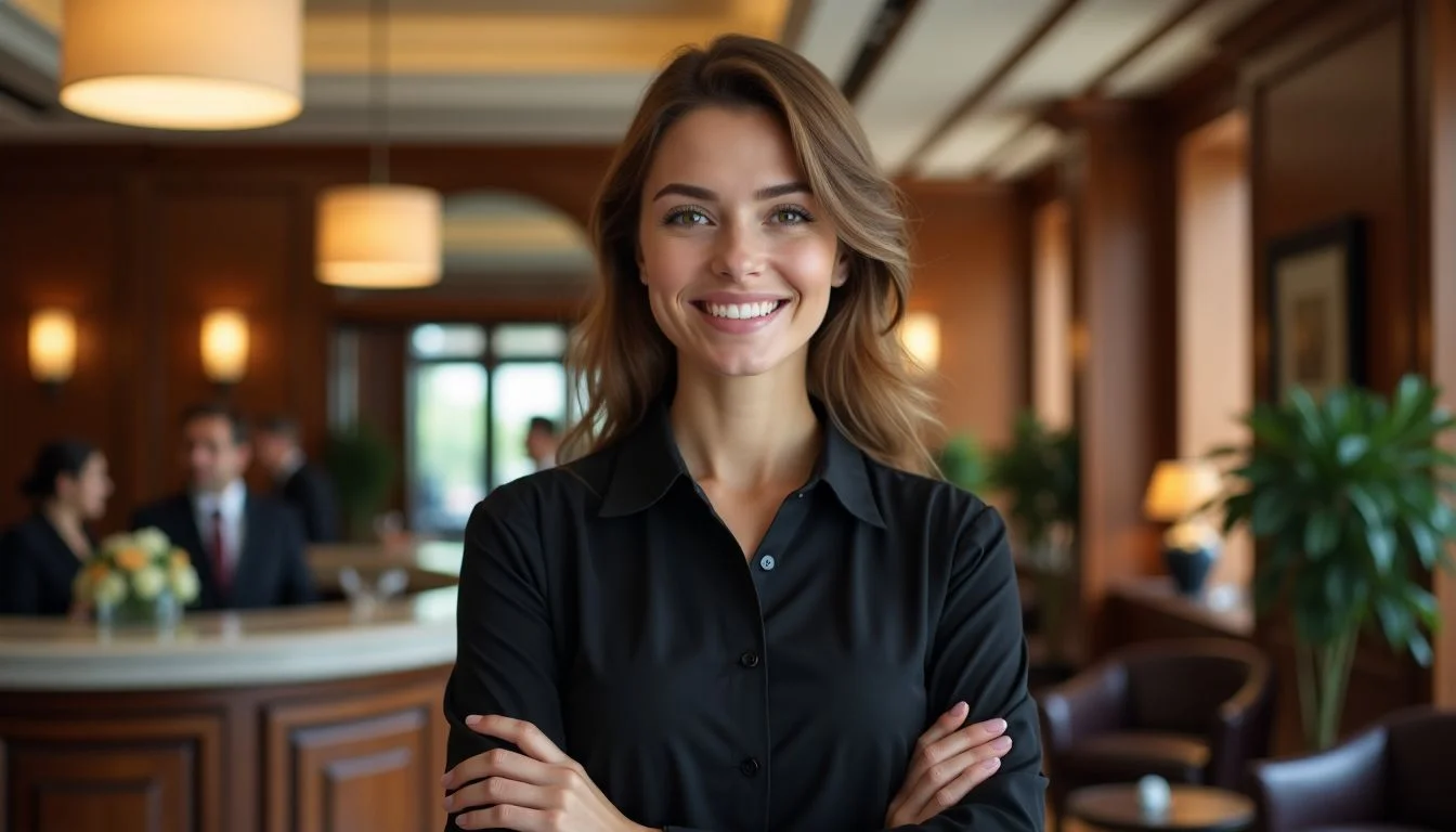 A hotel receptionist welcoming guests in an upscale hotel lobby. A hotel receptionist welcoming guests in an upscale hotel lobby.