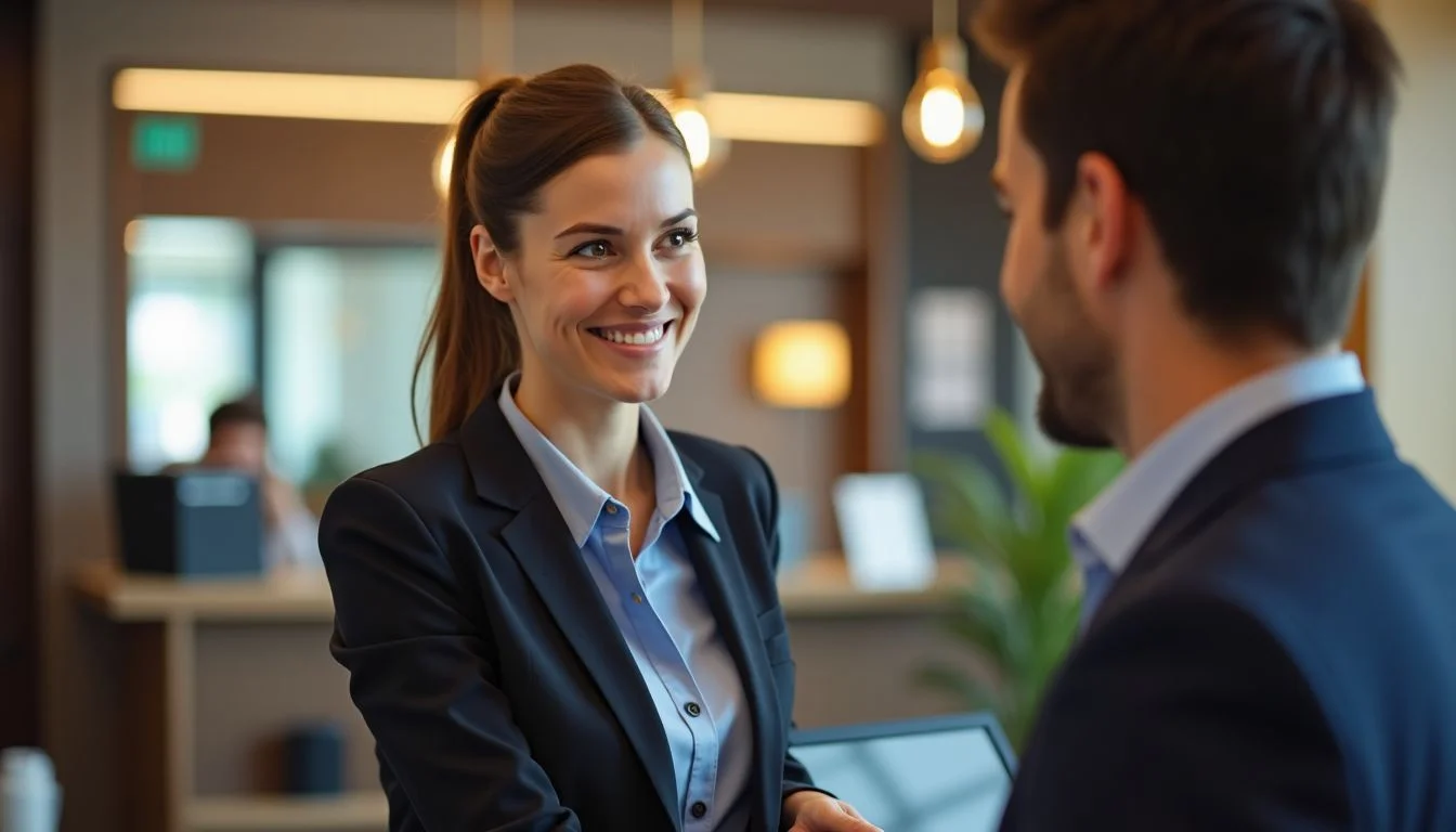 A hotel receptionist assists a guest with a friendly smile. A hotel receptionist assists a guest with a friendly smile.